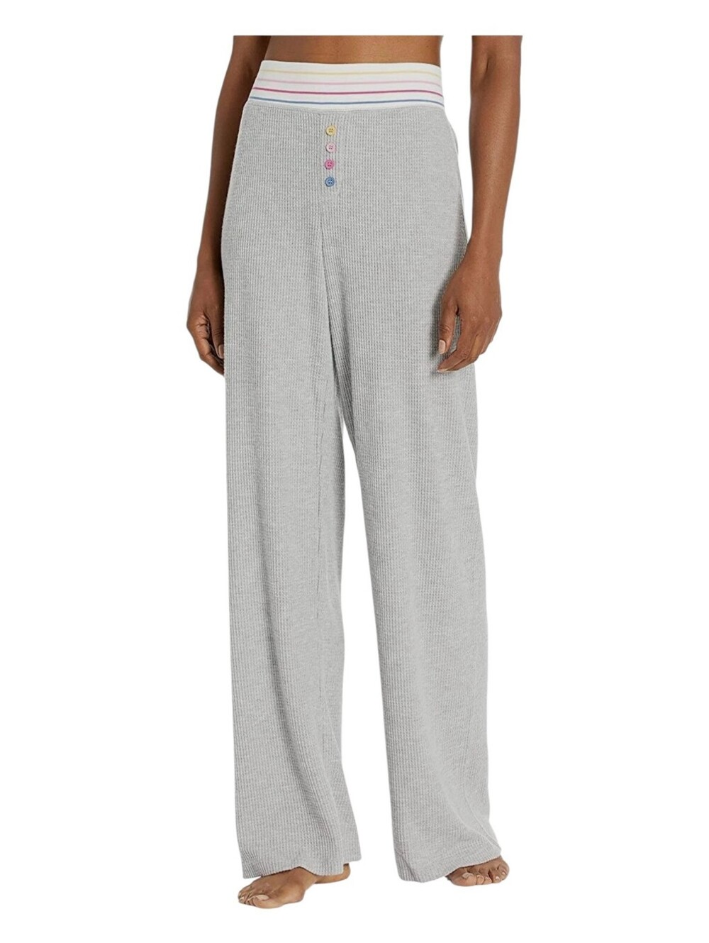 PJ Salvage Womens Gray Rainbow Striped Soft Waffle Knit Flare Pajama Pants Large